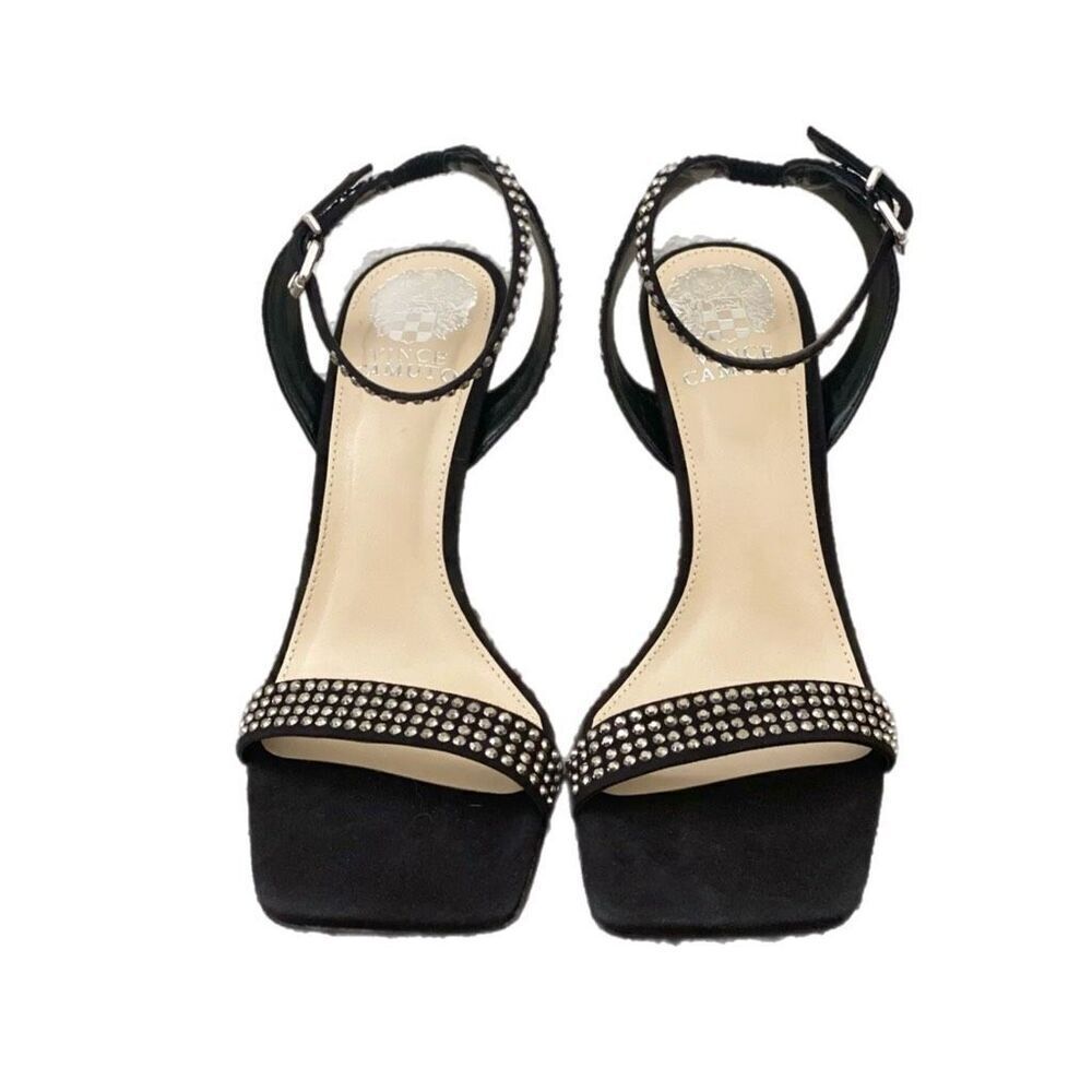 New! Vince Camuto Saprenda strapped high heels black suede sandals with rhinesto